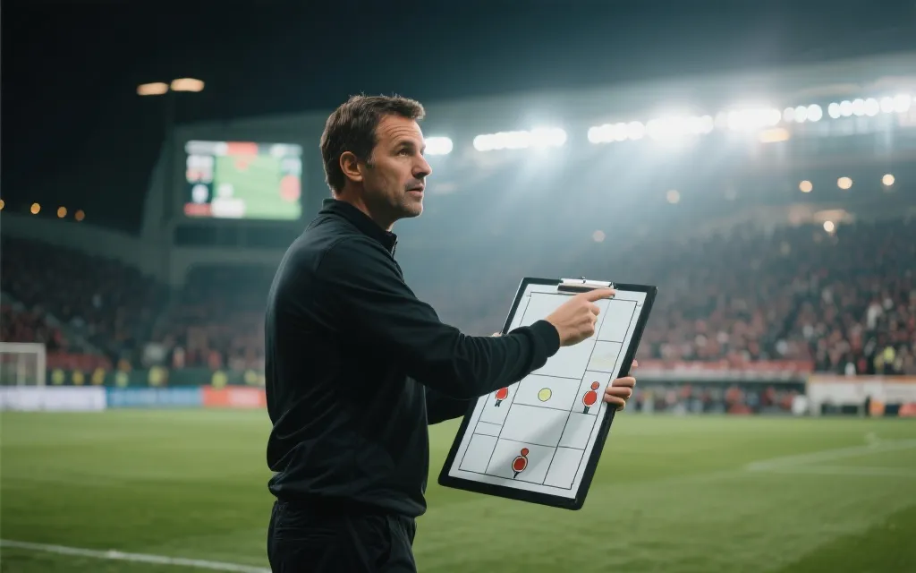 教练在场边指挥调整战术，背景是球场与战术板