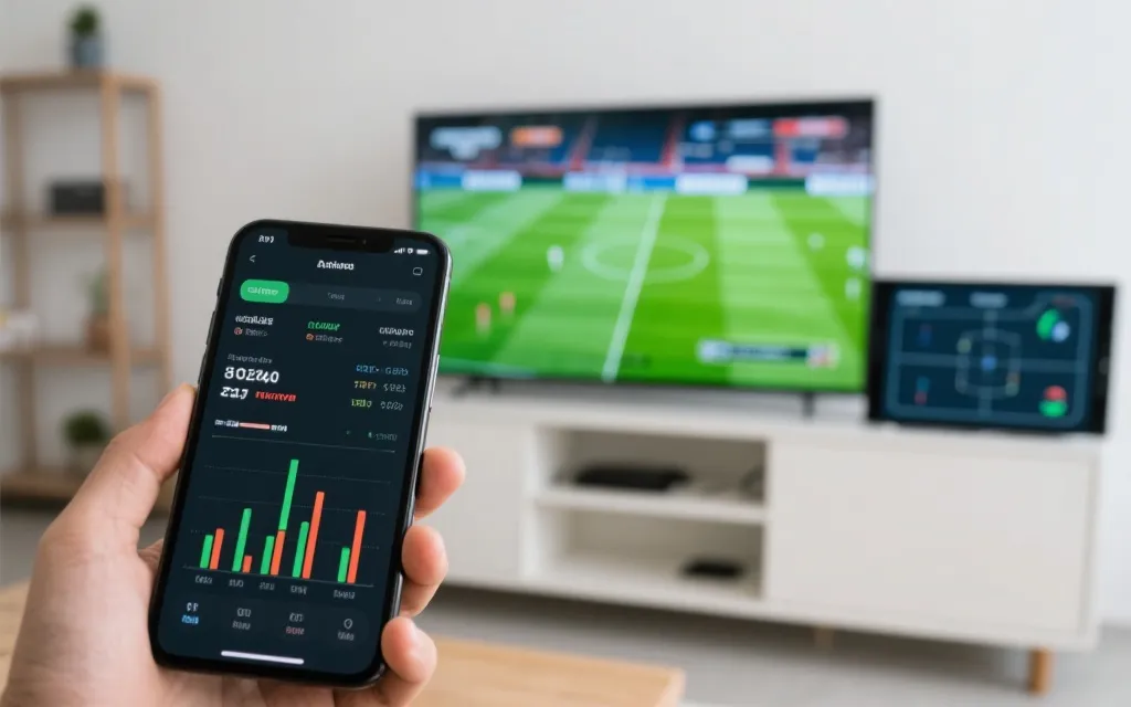 手机第二屏显示实时数据与战术板，电视播放世界杯比赛