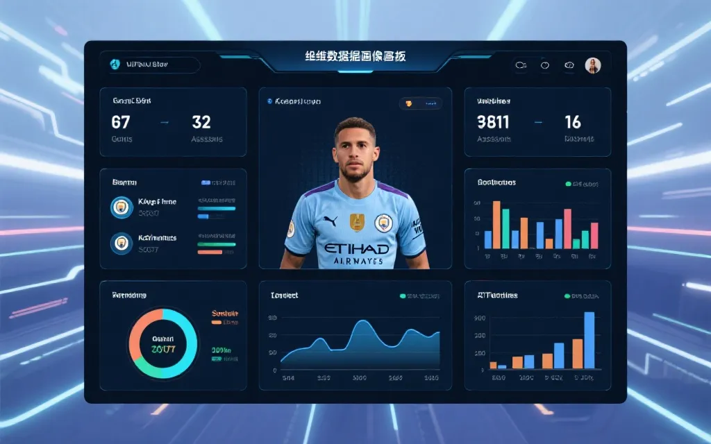 数据面板风格的球员多维画像：进球、助攻、关键传球、扑救、跑动等