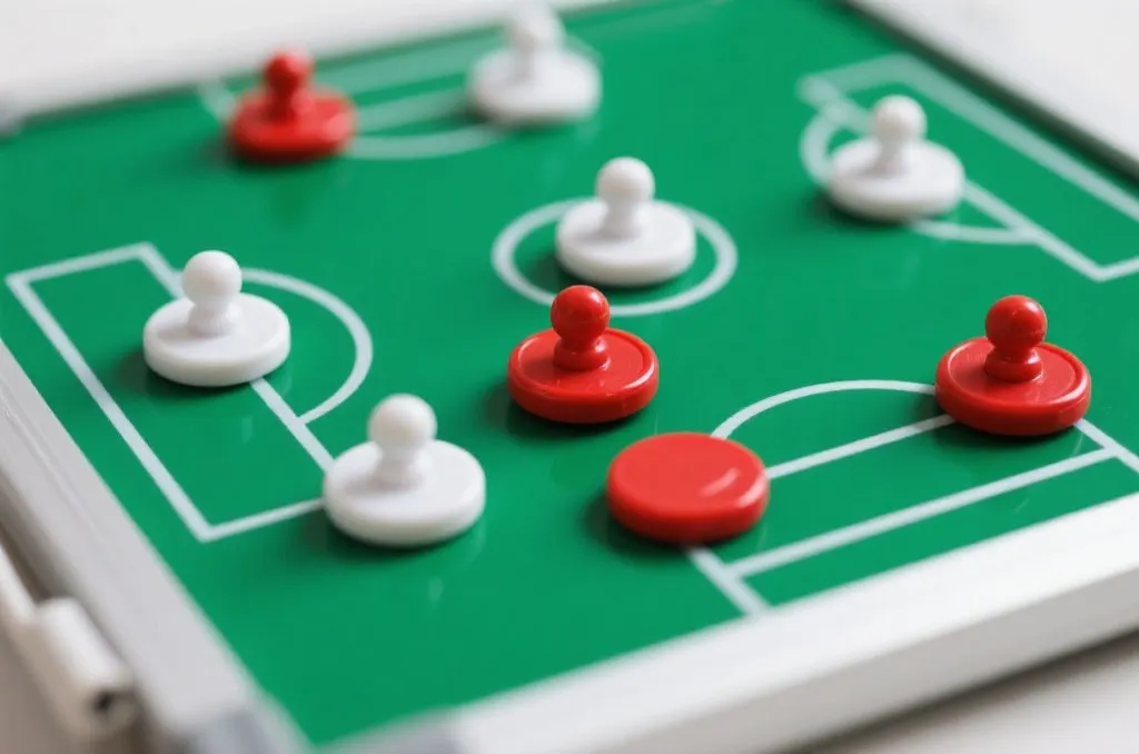 A close-up of a green tactical board with magnetic white and red circular pieces representing players, with generic white lines showing sports strategies. Neutral, bright lighting, editorial focus.