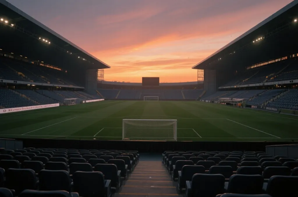 大气、宏伟的2026世界杯风格体育场,黄昏落日下的绿茵场,无任何品牌标识